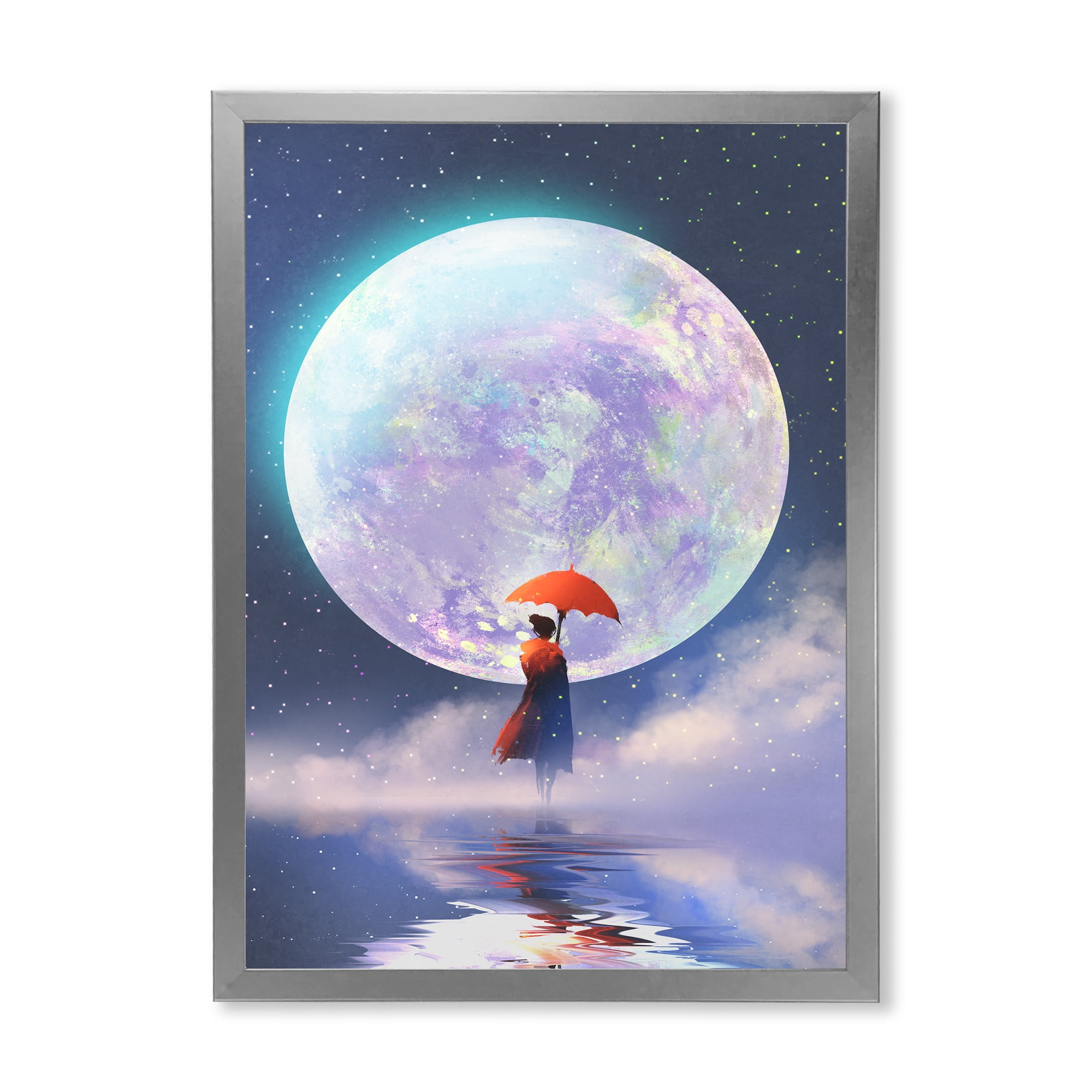 Designart 'Girl With Umbrella Standing On Water Against Moon' Traditional Framed Art Print