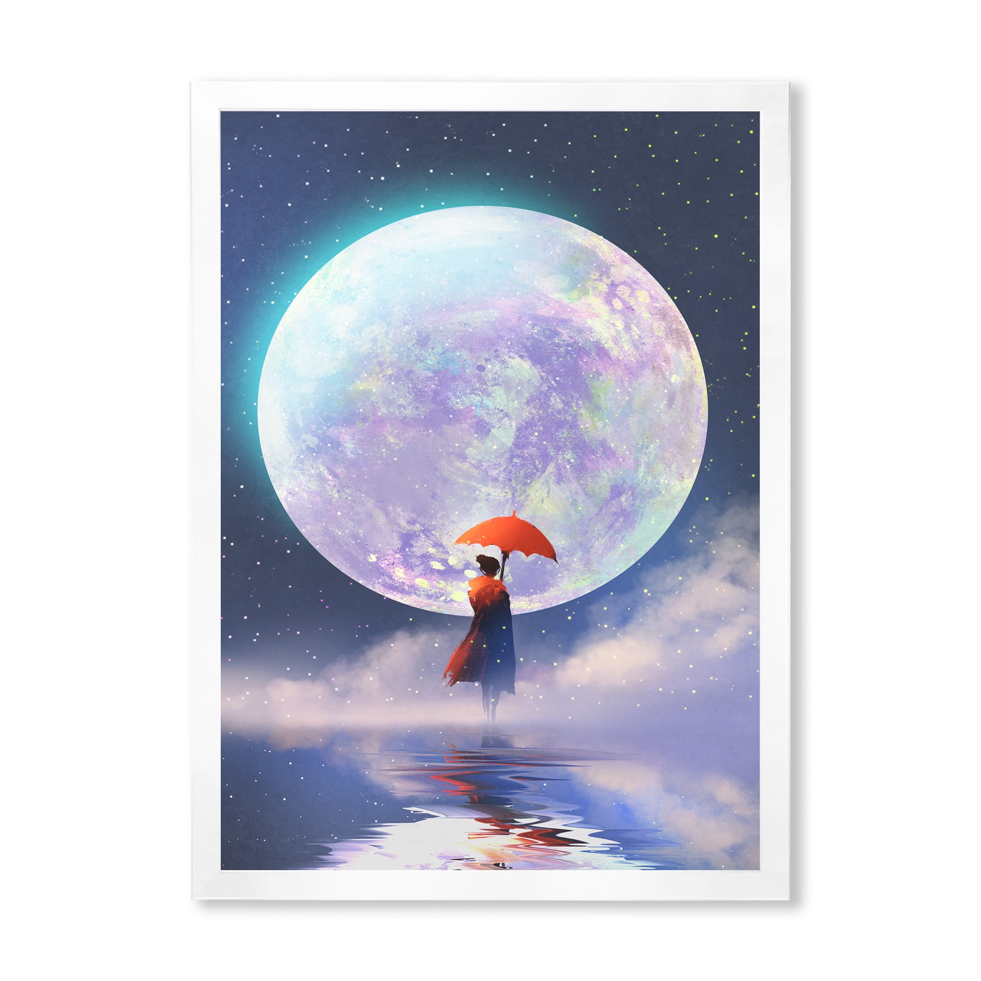 Designart 'Girl With Umbrella Standing On Water Against Moon' Traditional Framed Art Print