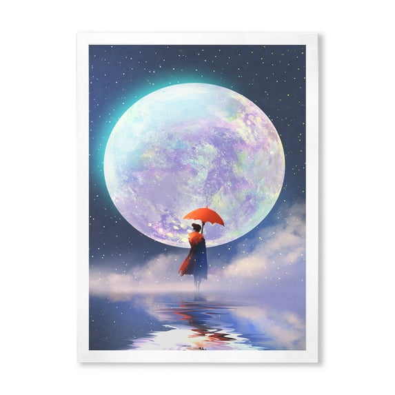Designart 'Girl With Umbrella Standing On Water Against Moon' Traditional Framed Art Print