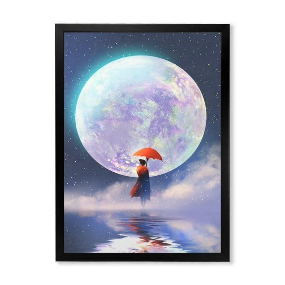 Designart 'Girl With Umbrella Standing On Water Against Moon' Traditional Framed Art Print