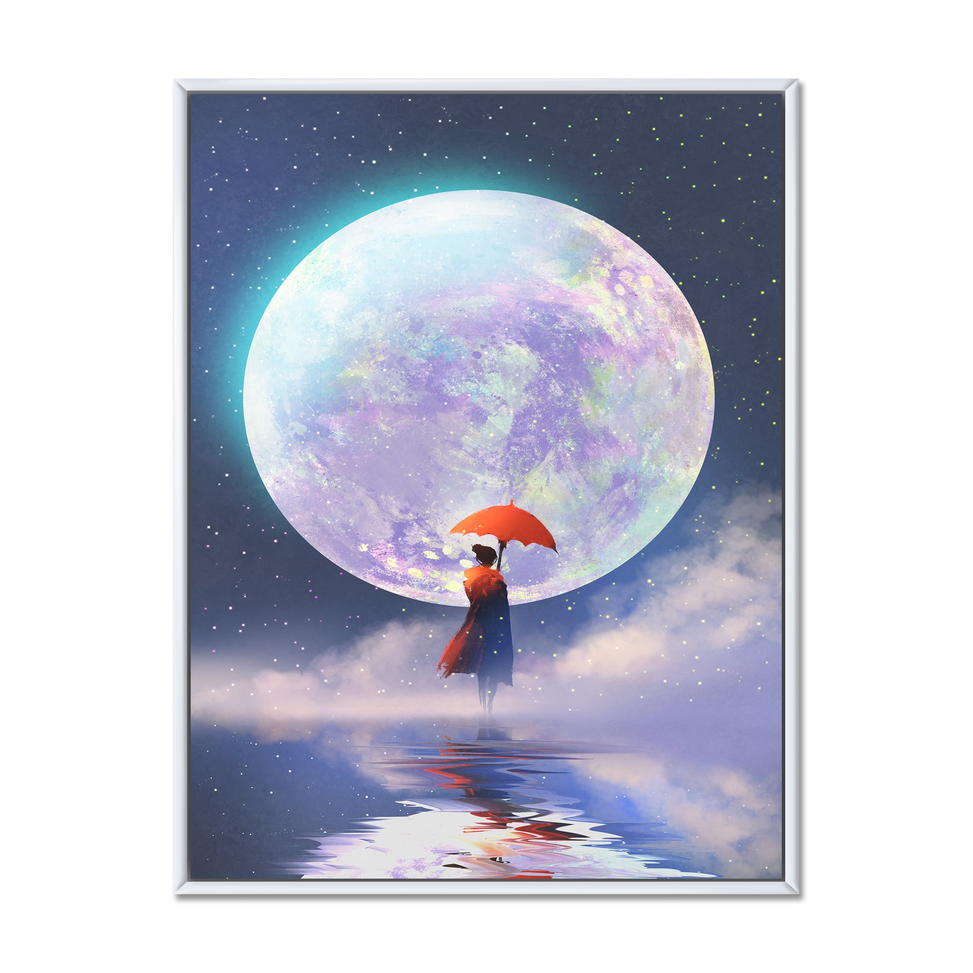 Designart 'Girl With Umbrella Standing On Water Against Moon' Traditional Framed Canvas Wall Art Print