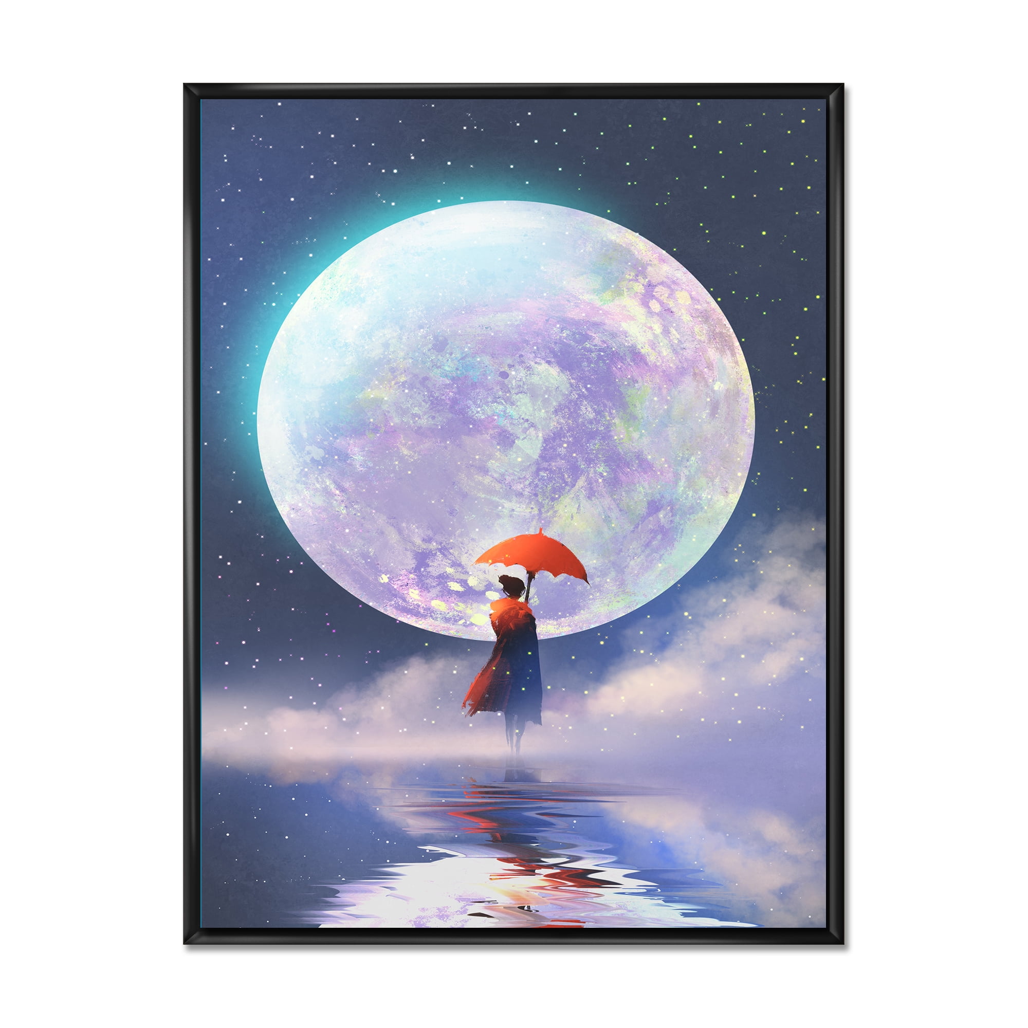 Designart 'Girl With Umbrella Standing On Water Against Moon' Traditional Framed Canvas Wall Art Print