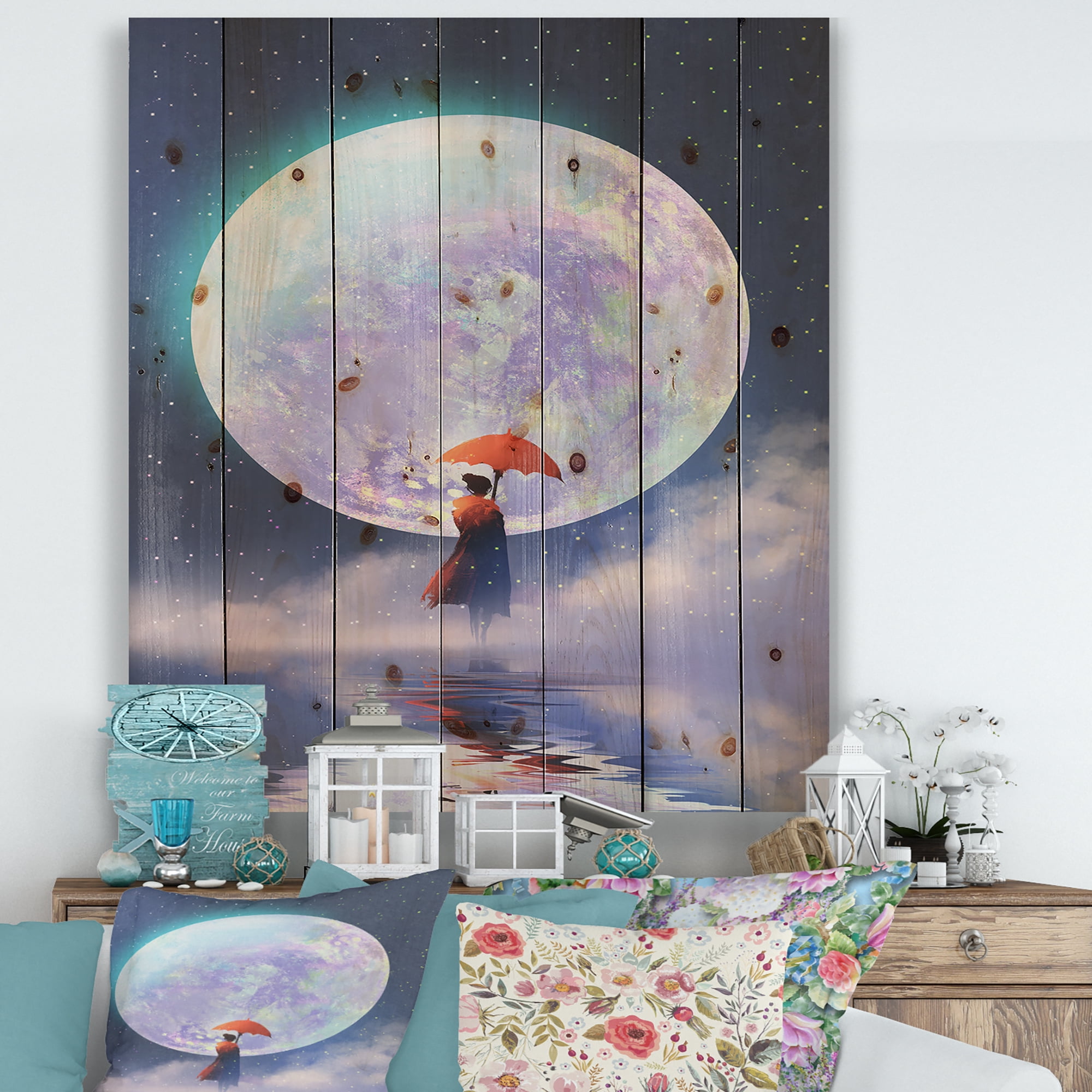 Designart 'Girl With Umbrella Standing On Water Against Moon' Traditional Print on Natural Pine Wood