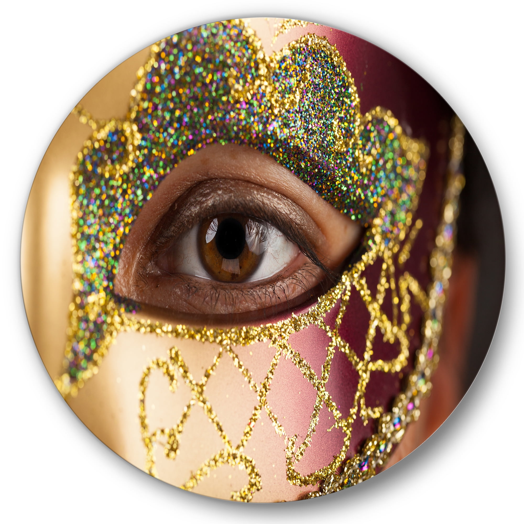 Designart 'Girl With Venetian Mask' Modern Circle Metal Wall Art 11x11 - Disc of 11