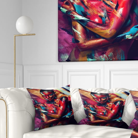 Designart Girl in Paint - Portrait Contemporary Throw Pillow - 18x18