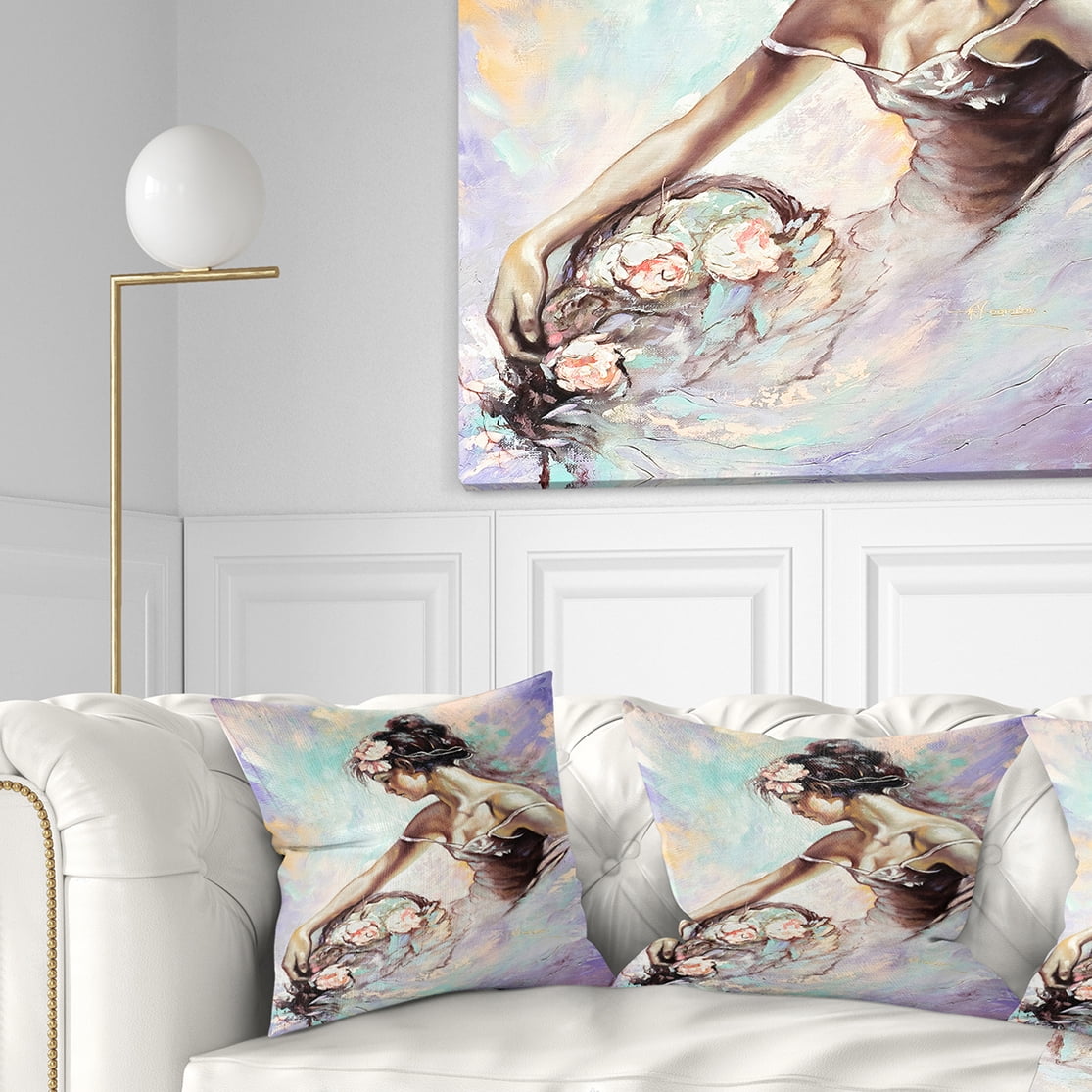 Designart Girl with Flower Bouquet - Floral Throw Pillow - 16x16
