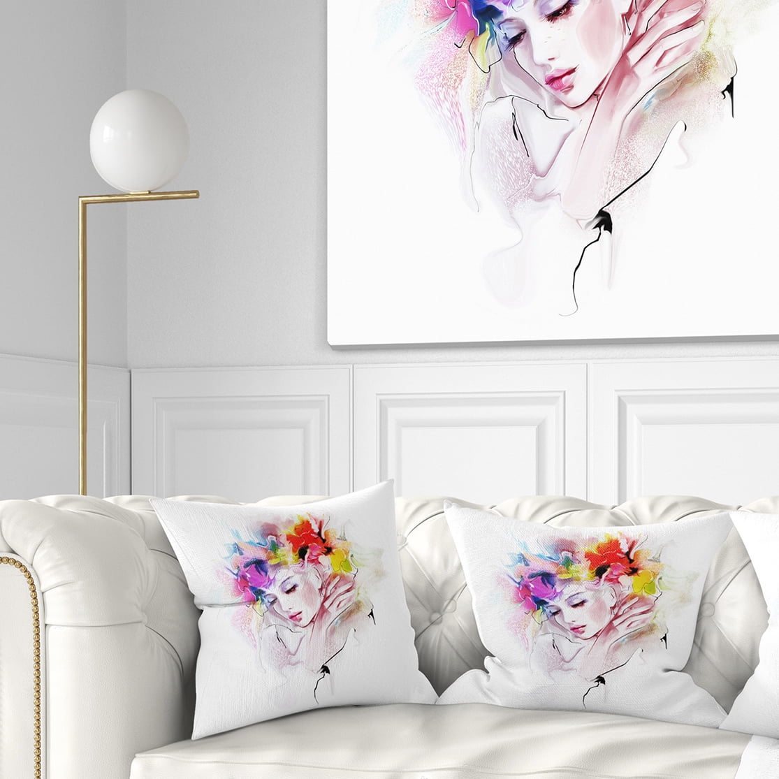 Designart Girl with Flowers Wreath - Abstract Portrait Throw Pillow - 16x16