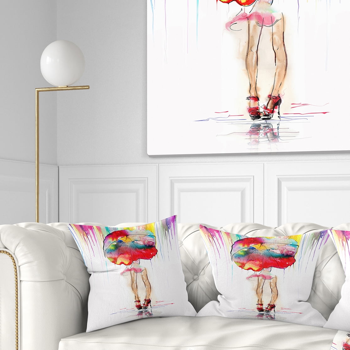 Designart Girl with Red Umbrella - Digital Art Portrait Throw Pillow - 16x16