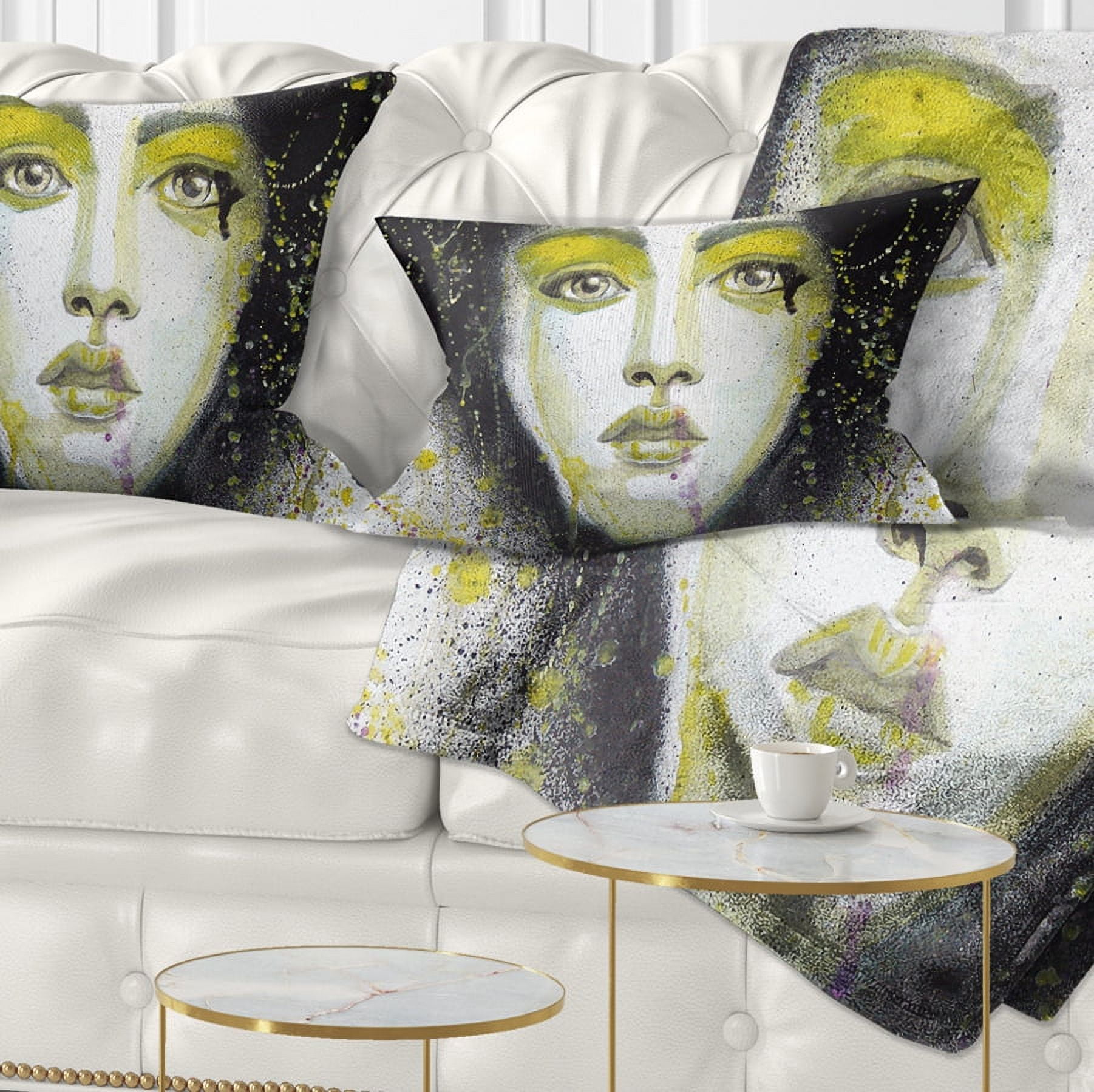 Designart Girl with Yellow Eye line Large - Abstract Portrait Throw Pillow - 12x20