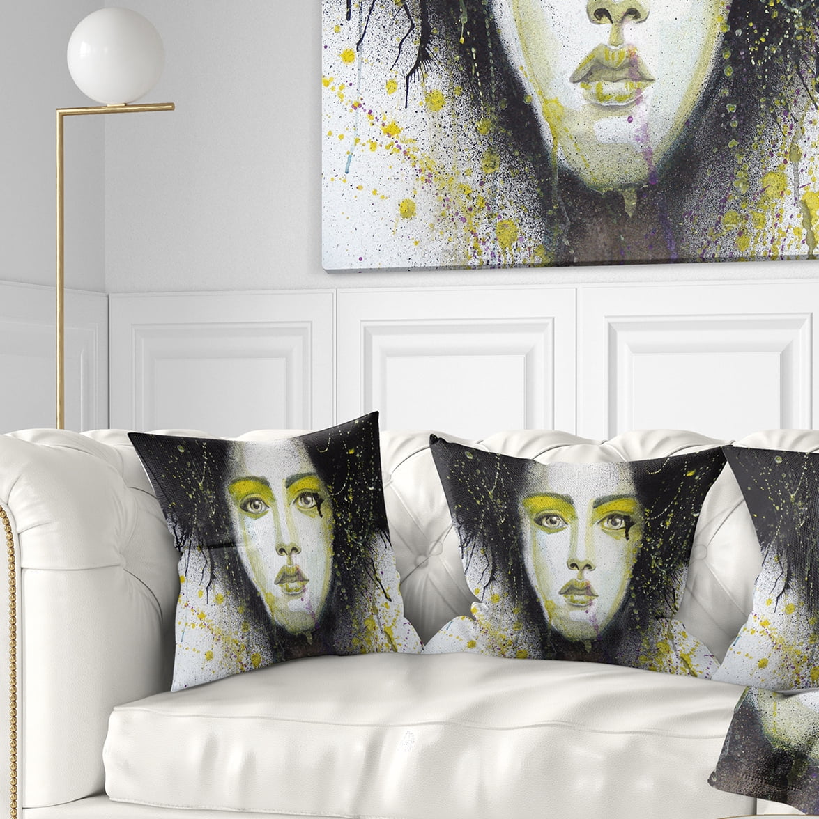 Designart Girl with Yellow Eye line Large - Abstract Portrait Throw Pillow - 16x16