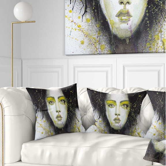Designart Girl with Yellow Eye line Large - Abstract Portrait Throw Pillow - 16x16
