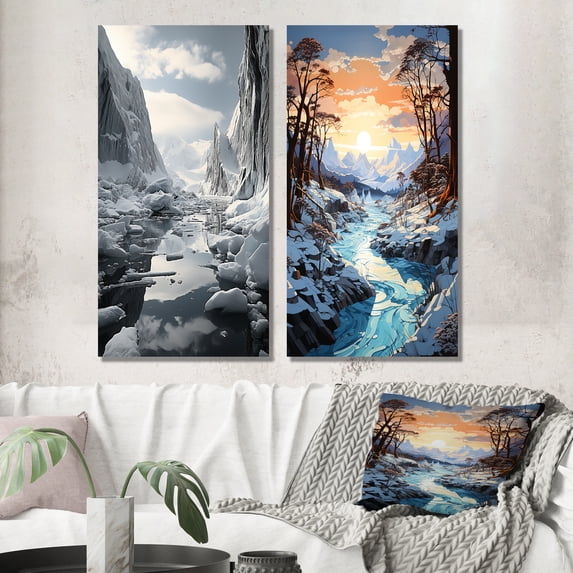 Designart "Glacier Glacial Euphony III" Glacier Wall Art Set Of 2 - Grey Landscapes Wall Decor Set Of 2