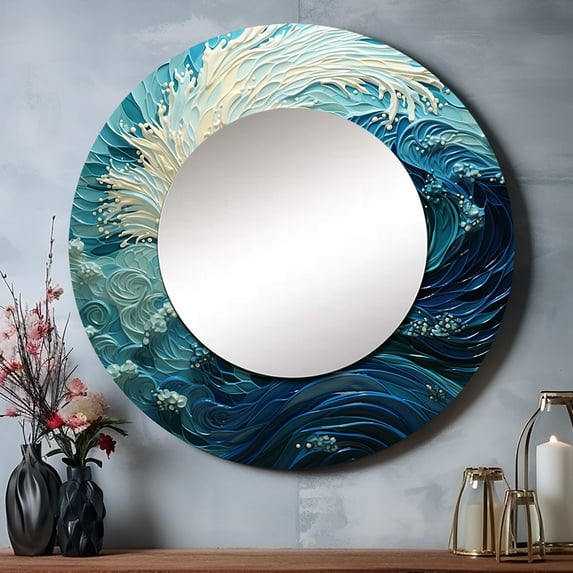 Designart "Glacier Glacial Sprial Painting I" Glacier Round Mirror Wall Décor Coastal - Large Teal Round Mirror - Round Mirror 29" x 29" Inch