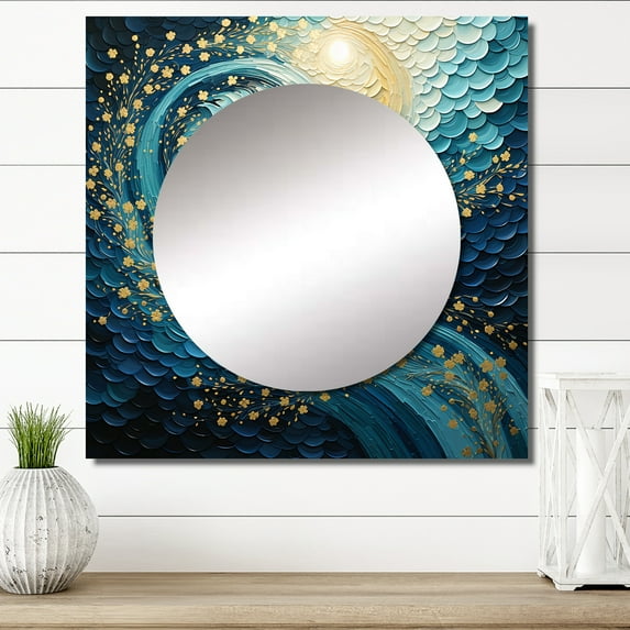 Designart "Glacier Glacial Sprial Painting III" Pointillism Teal Large Square Mirror - Square Bedroom Mirror Printed Wall Decor - Country Square Printed Wall Mirror Art