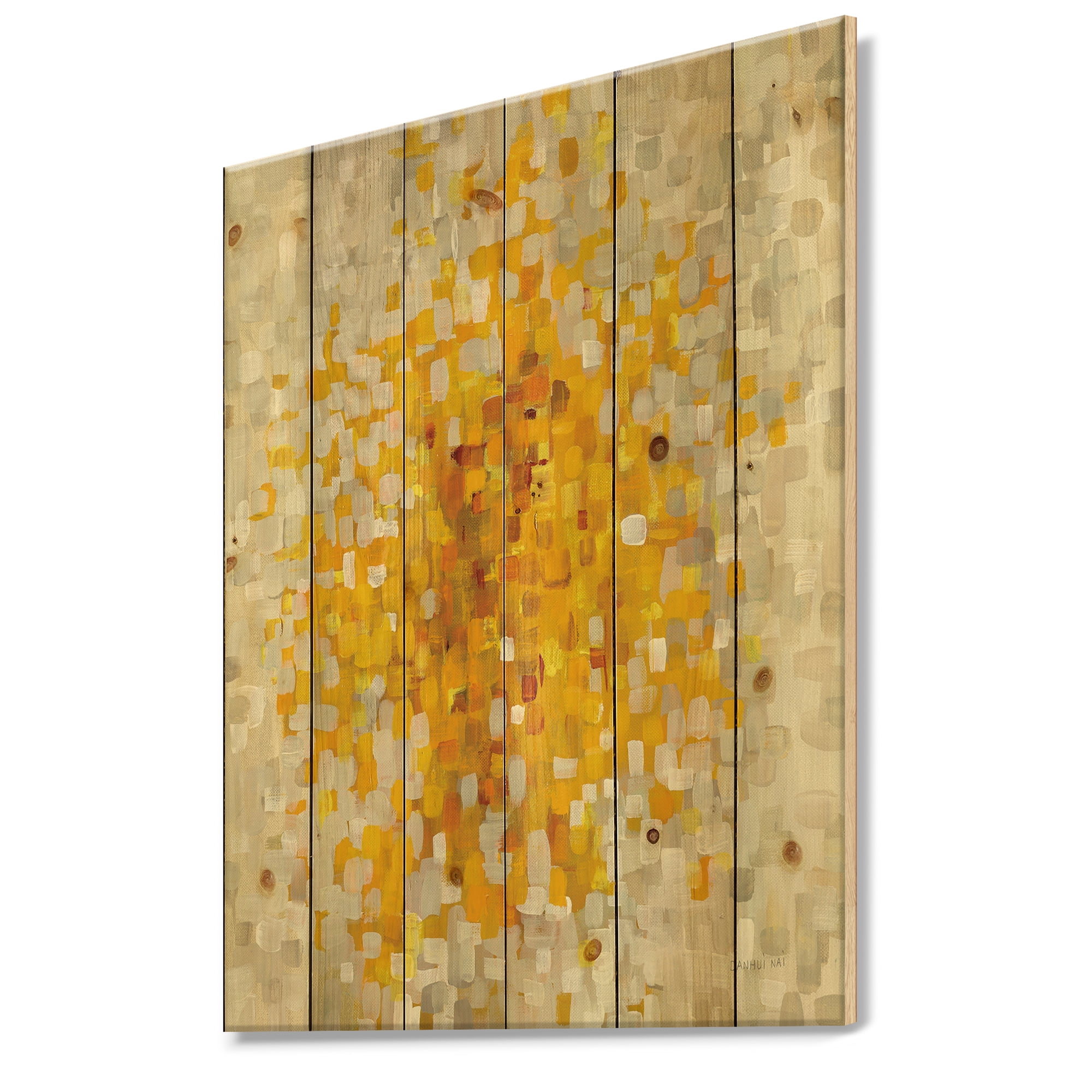 Designart 'Glam Gold Yellow Explosion Blocks' Modern & Transitional Print on Natural Pine Wood