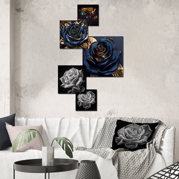 Designart "Glam Golden Rose On Black I" Floral Rose Metal Art Print Set
