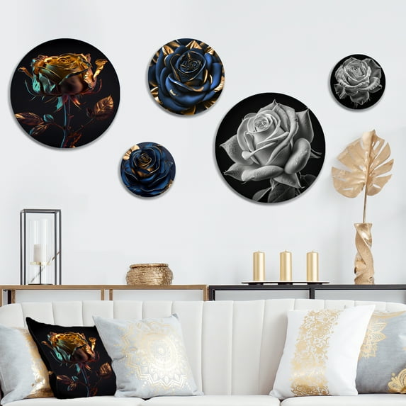 Designart "Glam Golden Rose On Black I" Floral Rose Metal Wall Art Set of 5 Piece