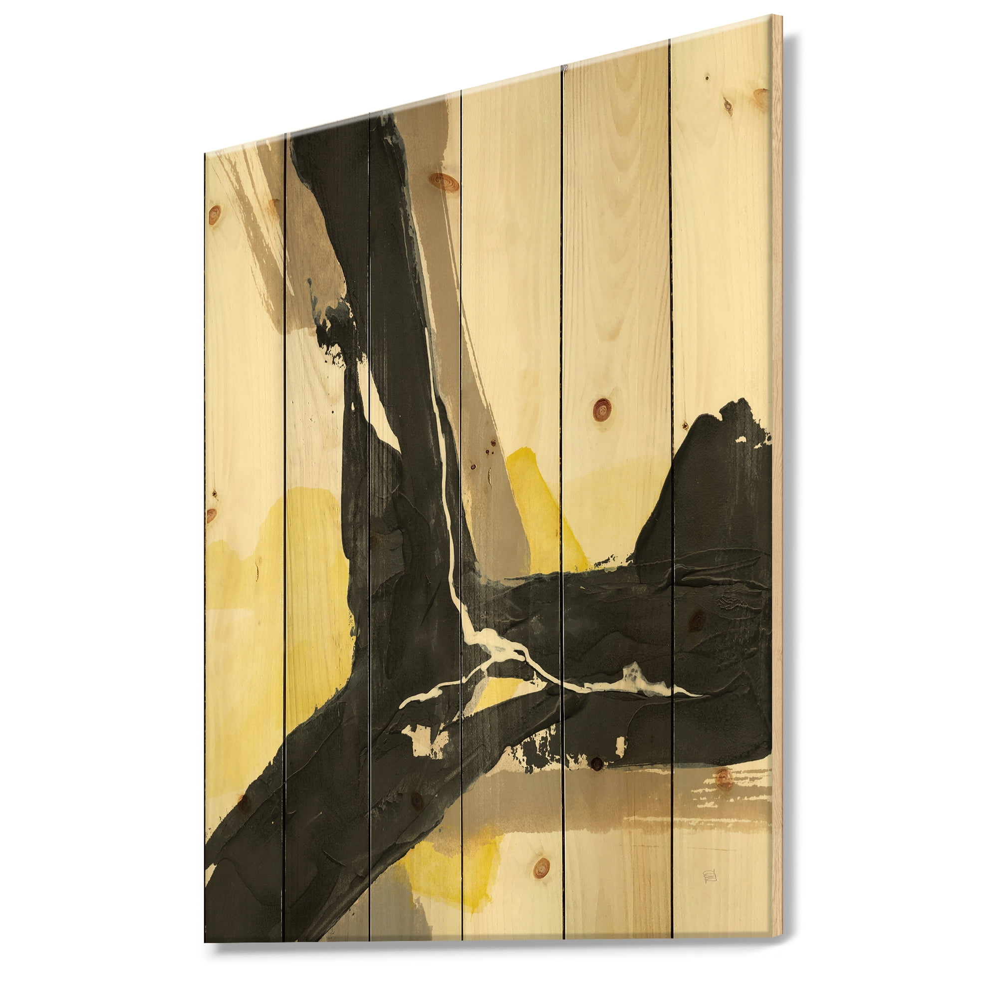 Designart 'Glam Yellow and Black I' Modern & Contemporary Print on Natural Pine Wood