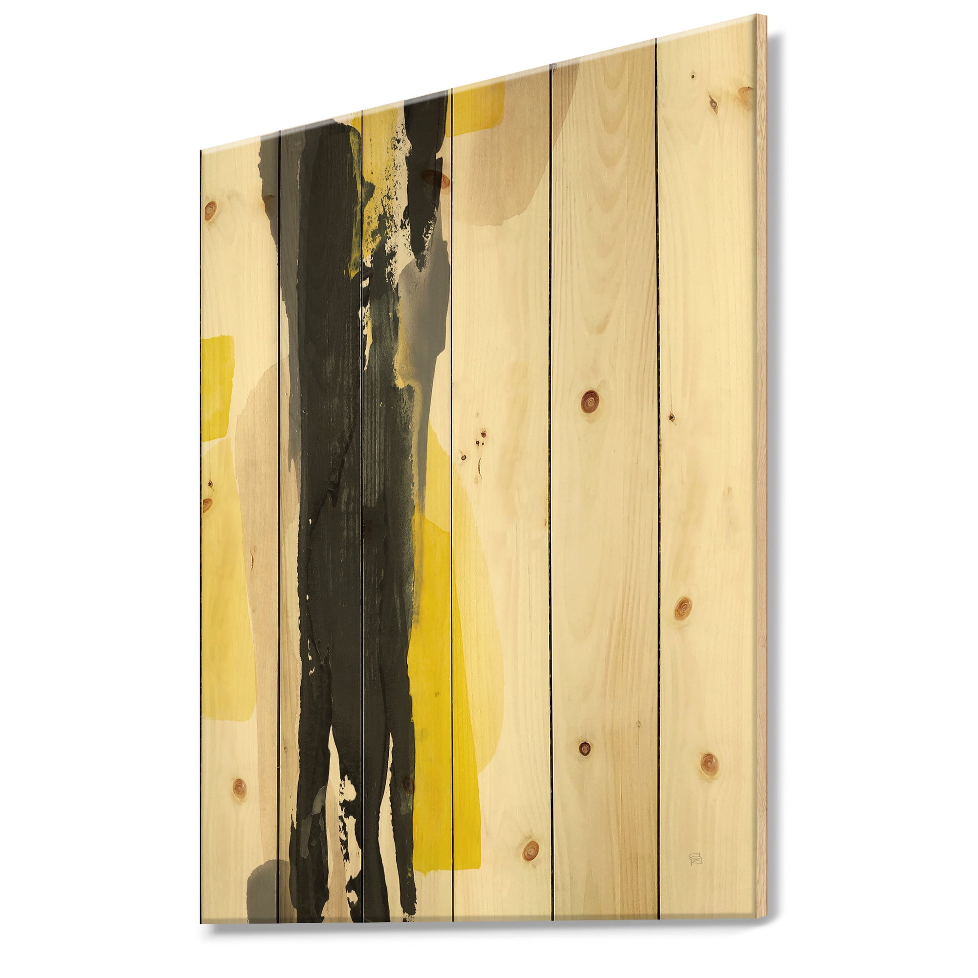 Designart 'Glam Yellow and Black II' Modern & Contemporary Print on Natural Pine Wood