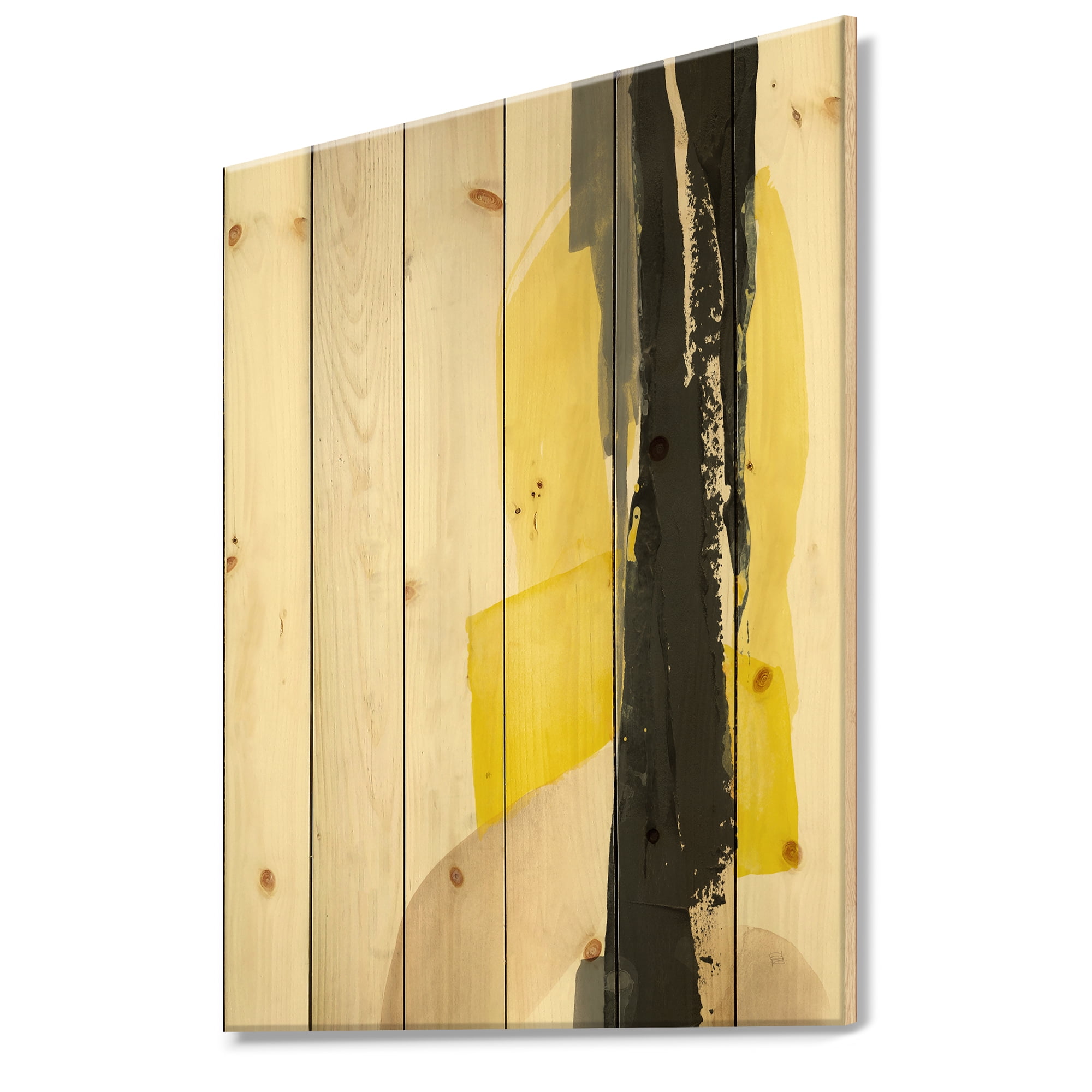 Designart 'Glam Yellow and Black III' Modern & Contemporary Print on Natural Pine Wood