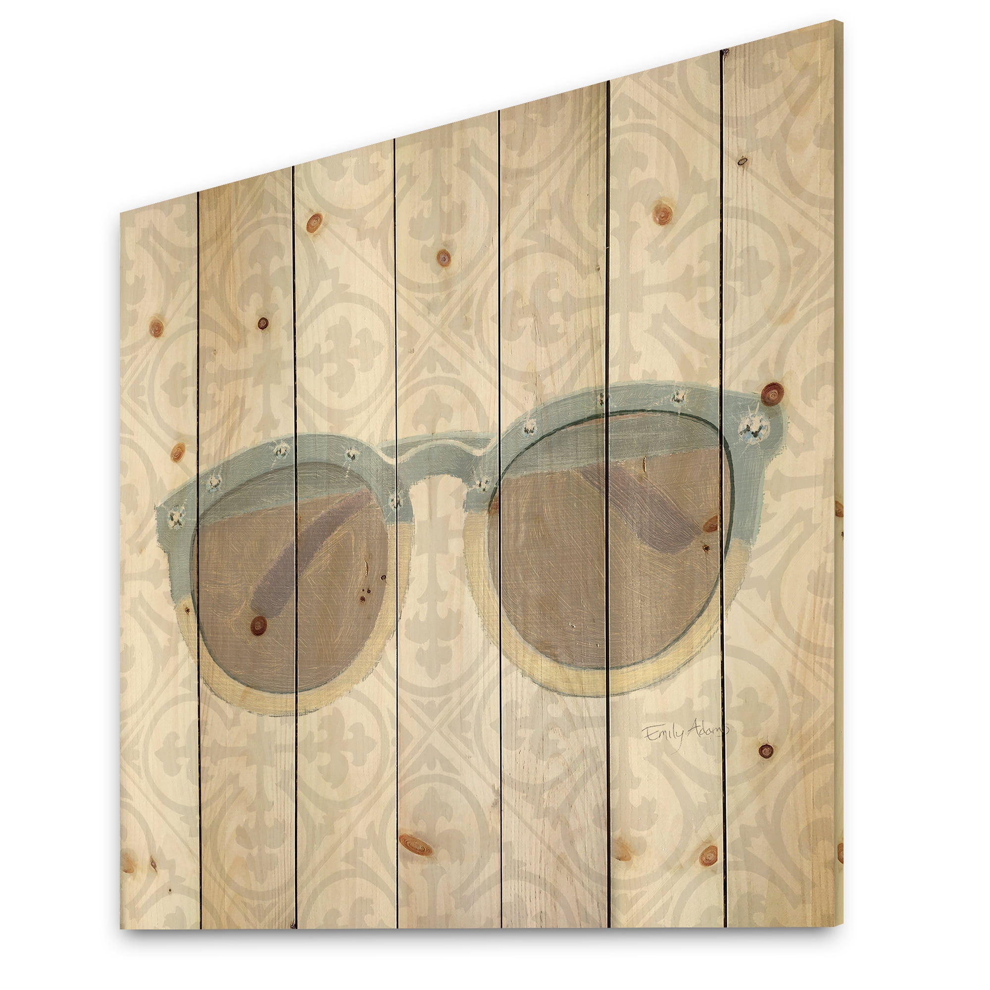 Designart 'Glam cosmetics Blue Sun Glasses' Posh & Luxe Print on Natural Pine Wood