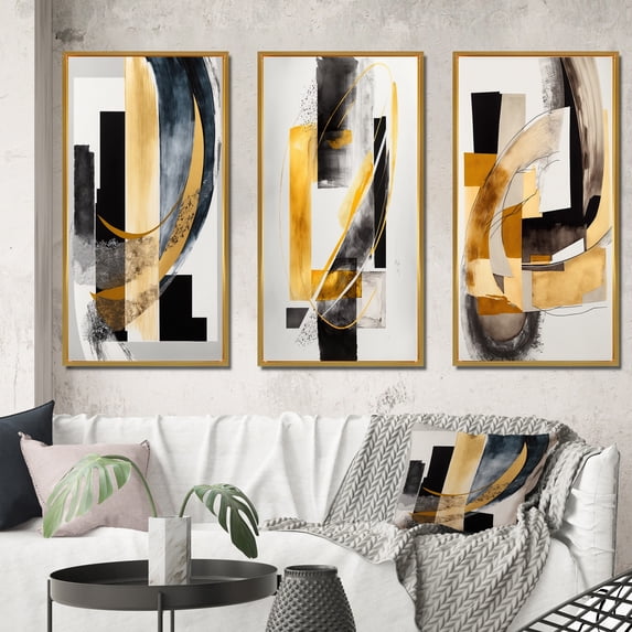 Designart "Glamorous Art Deco Abstraction I" Abstract Framed Wall Art Set Of 3 - Black Transitional Frame Gallery Wall Set For Home Decor