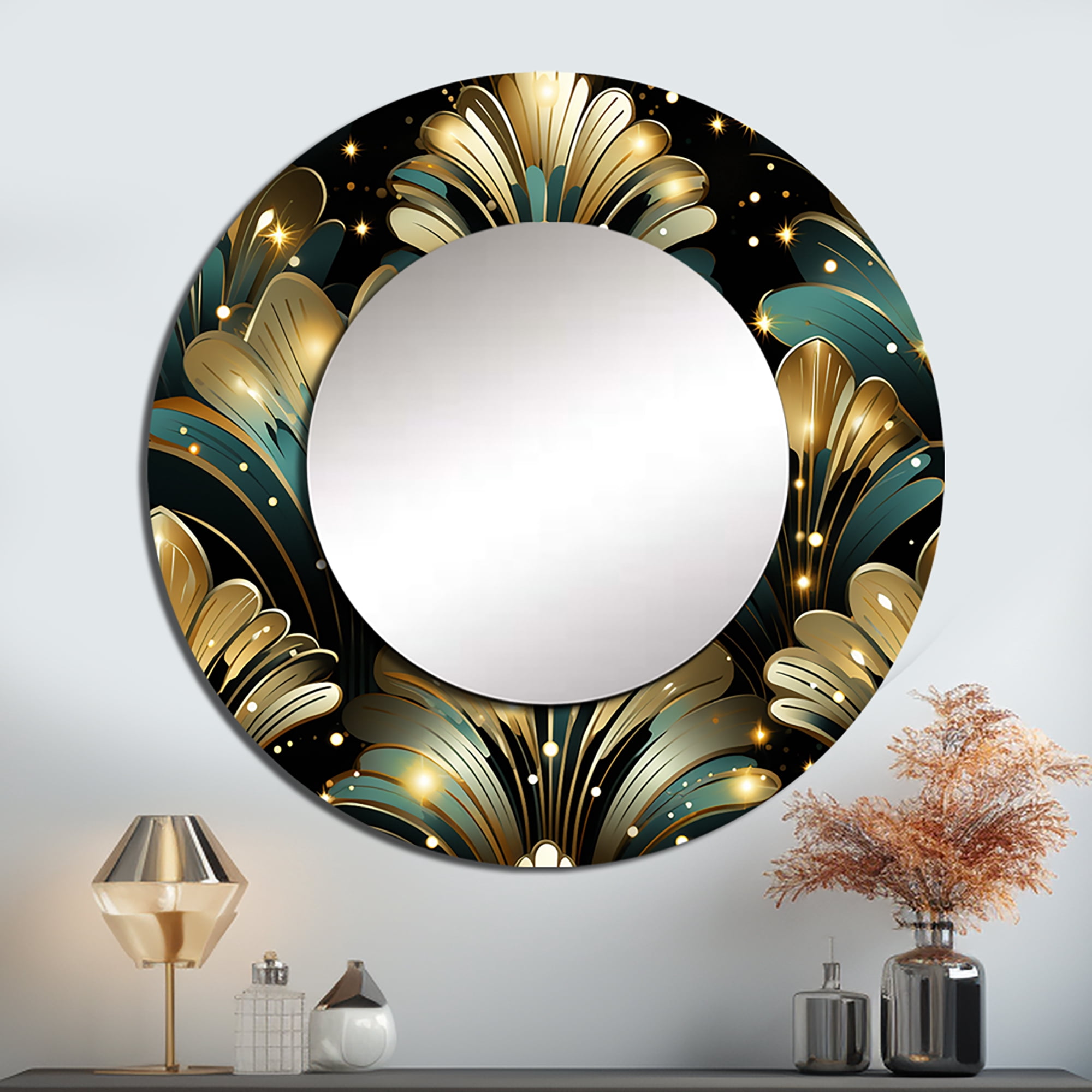 Designart "Glamorous Art Deco In Gold & Emerald I" Abstract Round ...