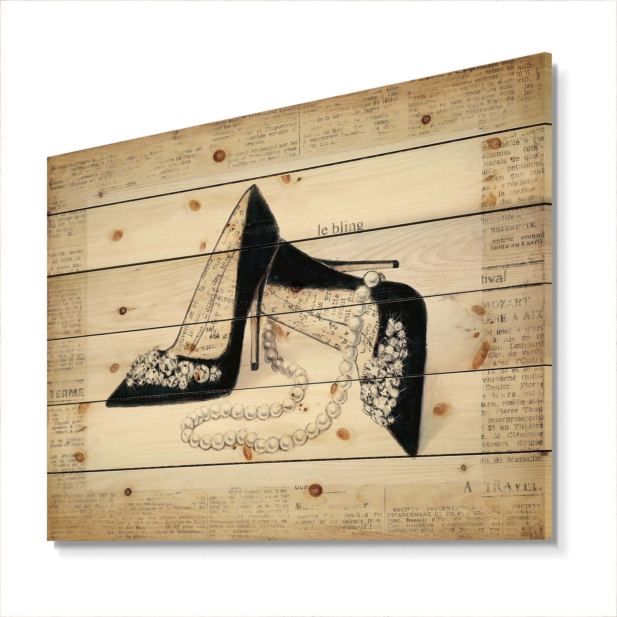 Designart 'Glamorous Black Diamond Stiletto Shoes I' Fashion Print on Natural Pine Wood