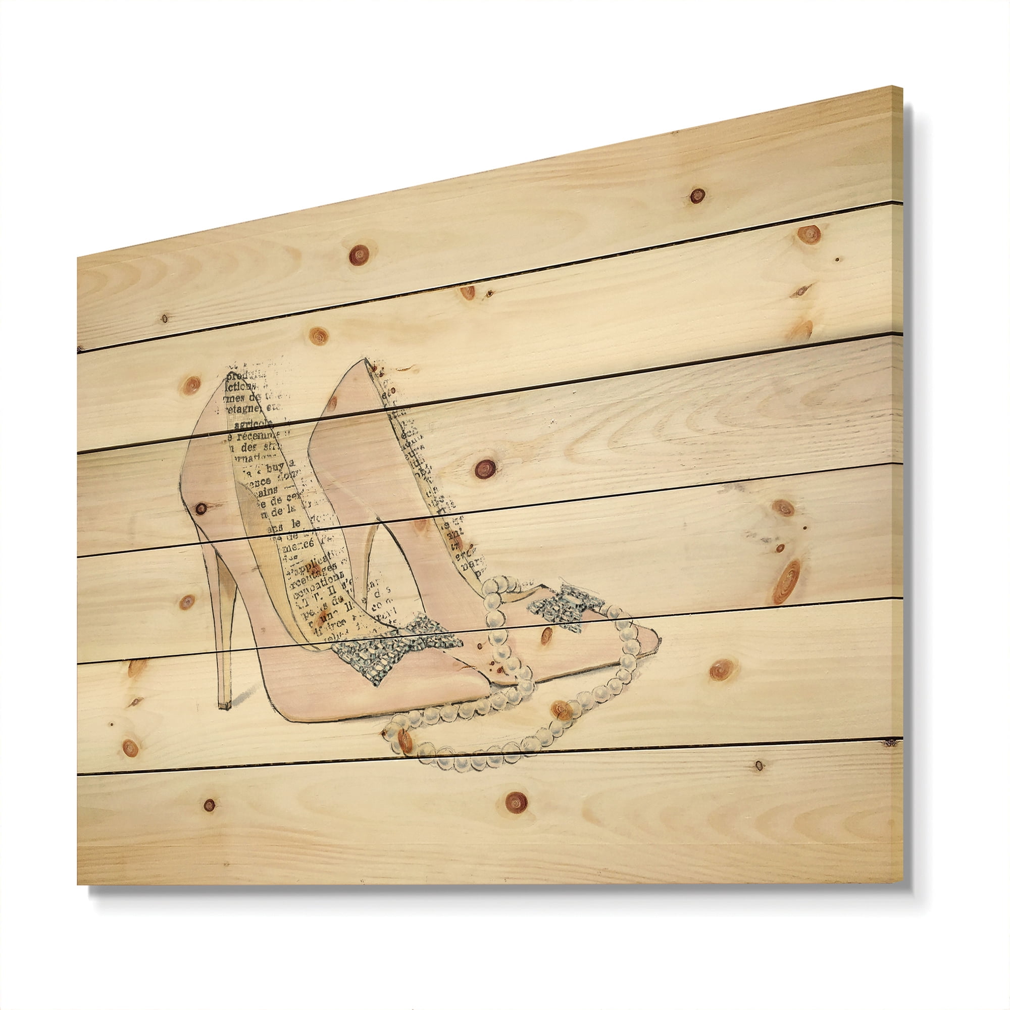 Designart 'Glamorous Black Diamond Stiletto Shoes III' Fashion Print on Natural Pine Wood