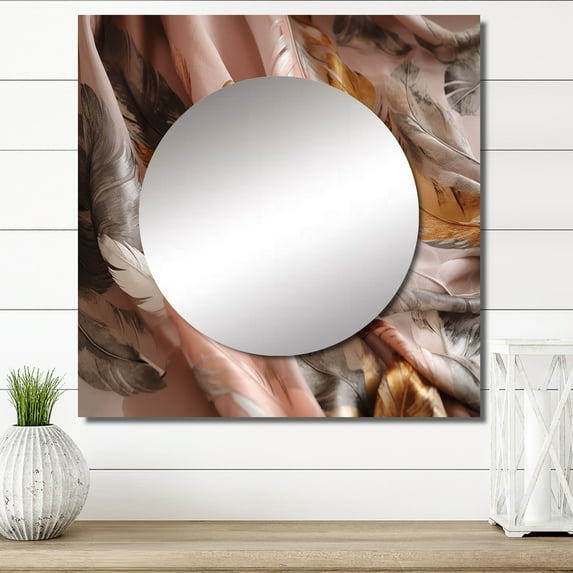 Designart "Glamorous Feathers of Boho Fantasy Gold II" Glam Feather Square Mirror For Wall Decor - Large Gold Square Mirror Printed Wall Decor - Glam Square Living Room Mirror