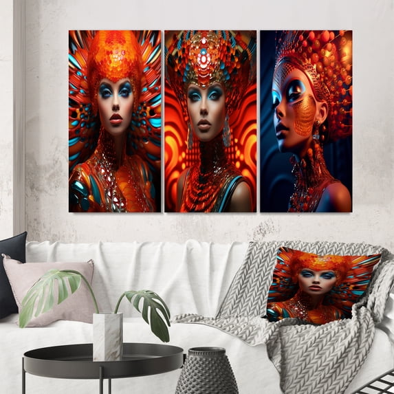 Designart "Glamorous Futuristic Portrait of a Gorgeous Woman V" Fashion Woman Wall Art Set Of 3 - Glam Red Gallery Wall Set For Home Decor