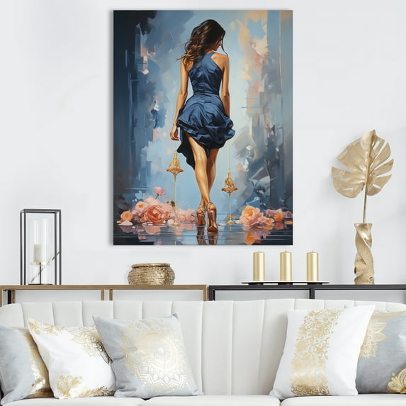 Designart "Glamorous Gait Painting of Woman's Heels in Blue and Pink I" Fashion Canvas Wall Art - Glam Blue Woman Living Room Canvas Art
