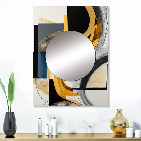 Designart "Glamorous Gold and Black Artistry IV" Abstract Spirals Mirror Wall Decor - Modern Black Abstract Mirror Wall Art For Entryway - 32" x 24" Inch