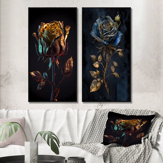 Designart "Glamorous Golden Rose on Black Background I" Floral Rose Framed Wall Art Set Of 2 - Traditional Pink Frame Gallery Set For Office Decor
