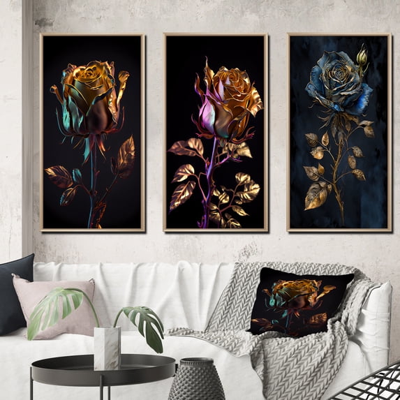 Designart "Glamorous Golden Rose on Black Background I" Floral Rose Framed Wall Art Set Of 3 - Pink Traditional Frame Gallery Set For Office Decor