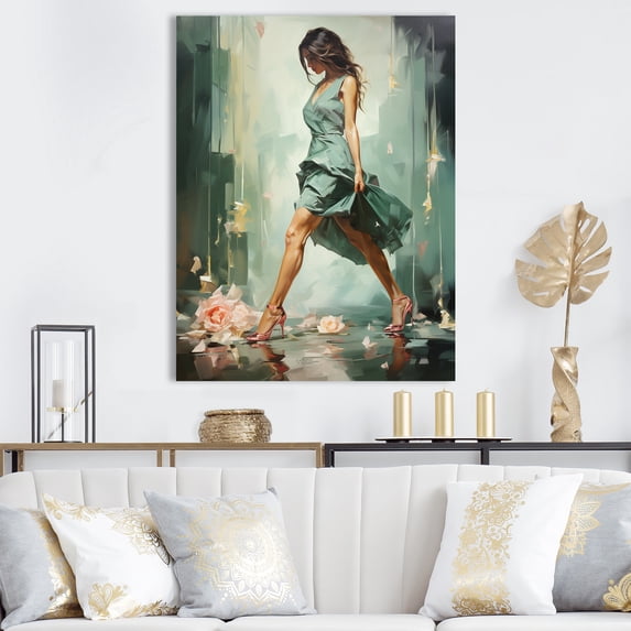 Designart "Glamorous Painting of Woman's Heels in Green and Pink" Fashion Canvas Wall Art - Glam Green Woman Bedroom Canvas Wall Art