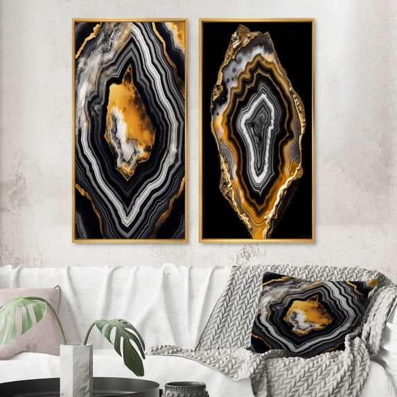 Designart "Glamorous Serenity Black Gold Agate" Abstract Shapes Framed Wall Art Set Of 2 - Transitional Gold Frame Gallery Set For Office Decor