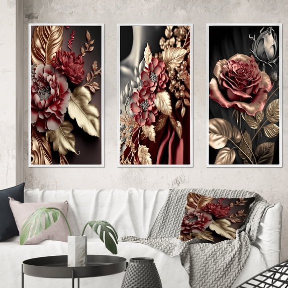 Designart "Glamorous Vintage Rose II" Floral Framed Wall Art Set Of 3 - Pink Traditional Frame Canvas Set For Living Room Decor