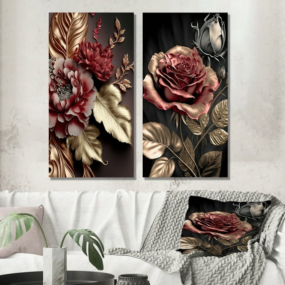 Designart "Glamorous Vintage Rose II" Floral Wall Art Set Of 2 - Traditional Pink Wall Decor Set Of 2