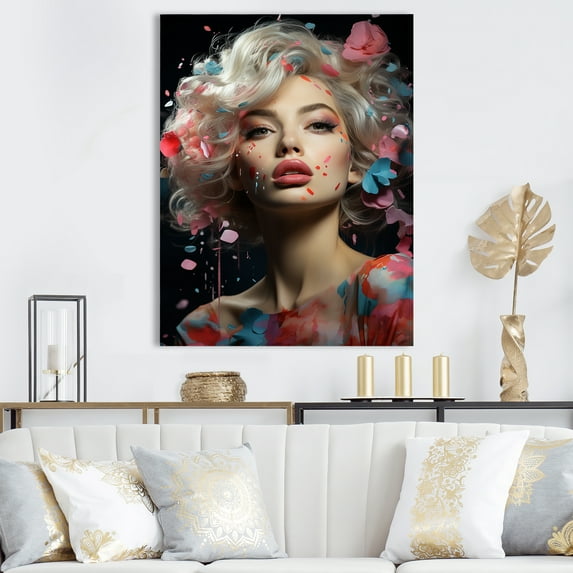 Designart "Glamour Portrait of Marilyn Monroe in Blue & Black I" Fashion Canvas Wall Art - Glam Blue Woman Bedroom Canvas Wall Art