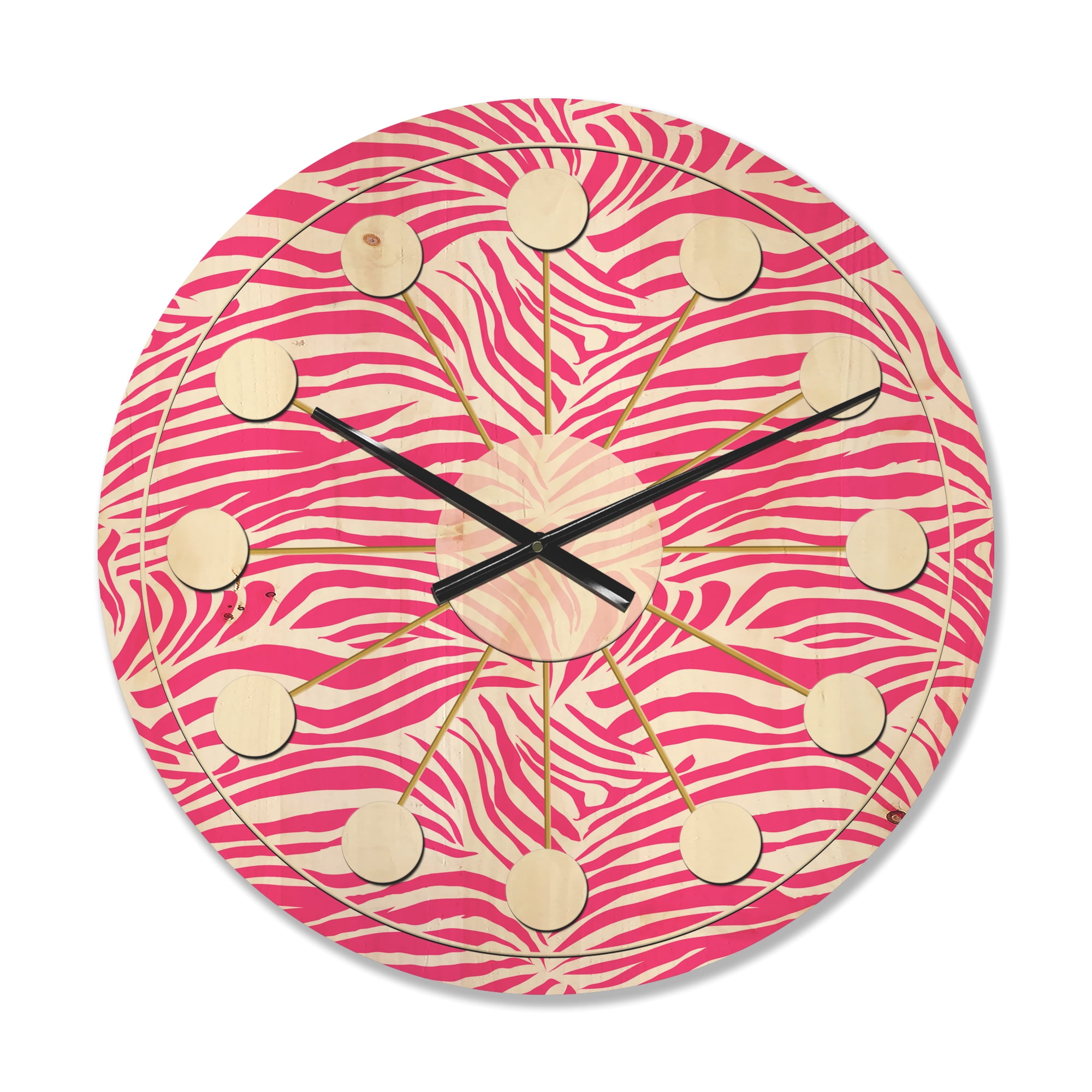 Designart 'Glamour Zebra Animal Pink Pattern' Mid-Century Modern Wood Wall Clock