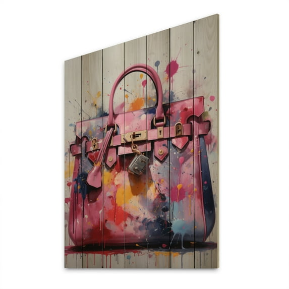 Designart "Glamour in Pink A Pop Art Bag" Fashion Print on Natural Pine Wood