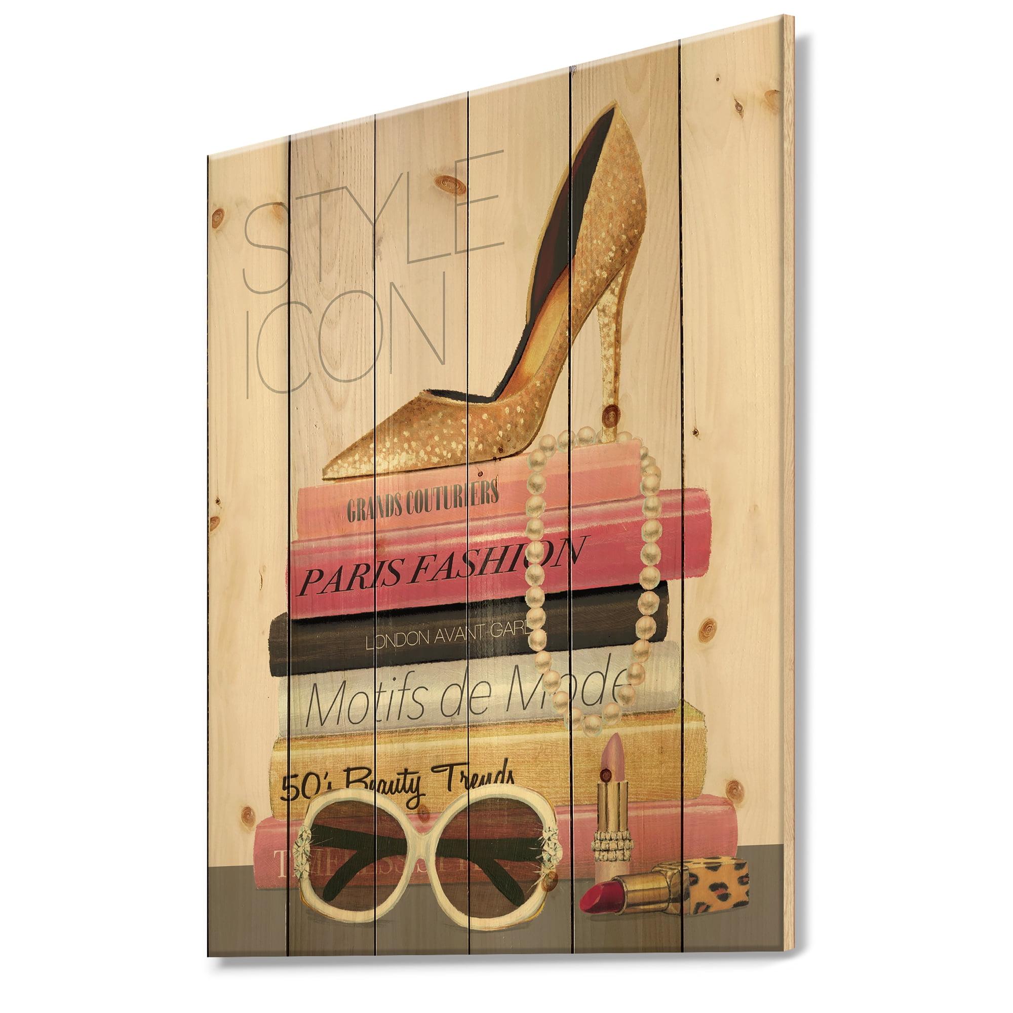 Designart 'Glamourous Paris Gold Style III' Fashion Print on Natural Pine Wood