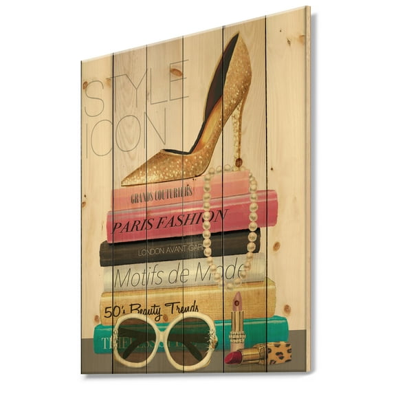 Designart 'Glamourous Paris Gold Style IV' Fashion Print on Natural Pine Wood