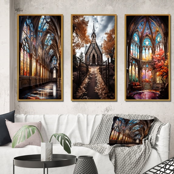 Designart "Glass Windows Church Stained wall decor I" Spiritual Framed Wall Art Set Of 3 - Beige Church Frame Canvas Set For Living Room Decor