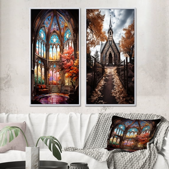 Designart "Glass Windows Church Stained wall decor II" Church Framed Wall Art Set Of 2 - Multi-Color Spiritual Framed Wall Art Set Of 2