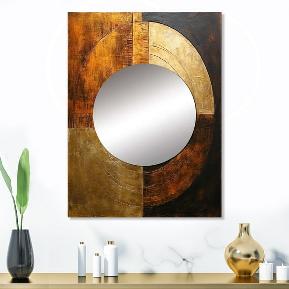 Designart "Gleaming Bronze Balance" Abstract Shapes Mirror Wall Decor - Modern Brown Abstract Mirror Wall Art For Bathroom - 32" x 24" Inch