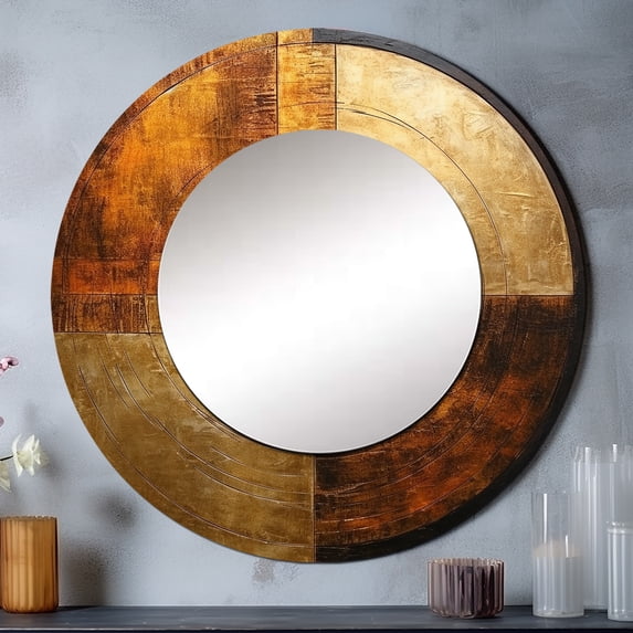 Designart "Gleaming Bronze Balance" Abstract Shapes Rund Mirror For Wall Decor - Large Brown Round Printed Mirror -Modern Round Living Room Mirror - 23" x 23"