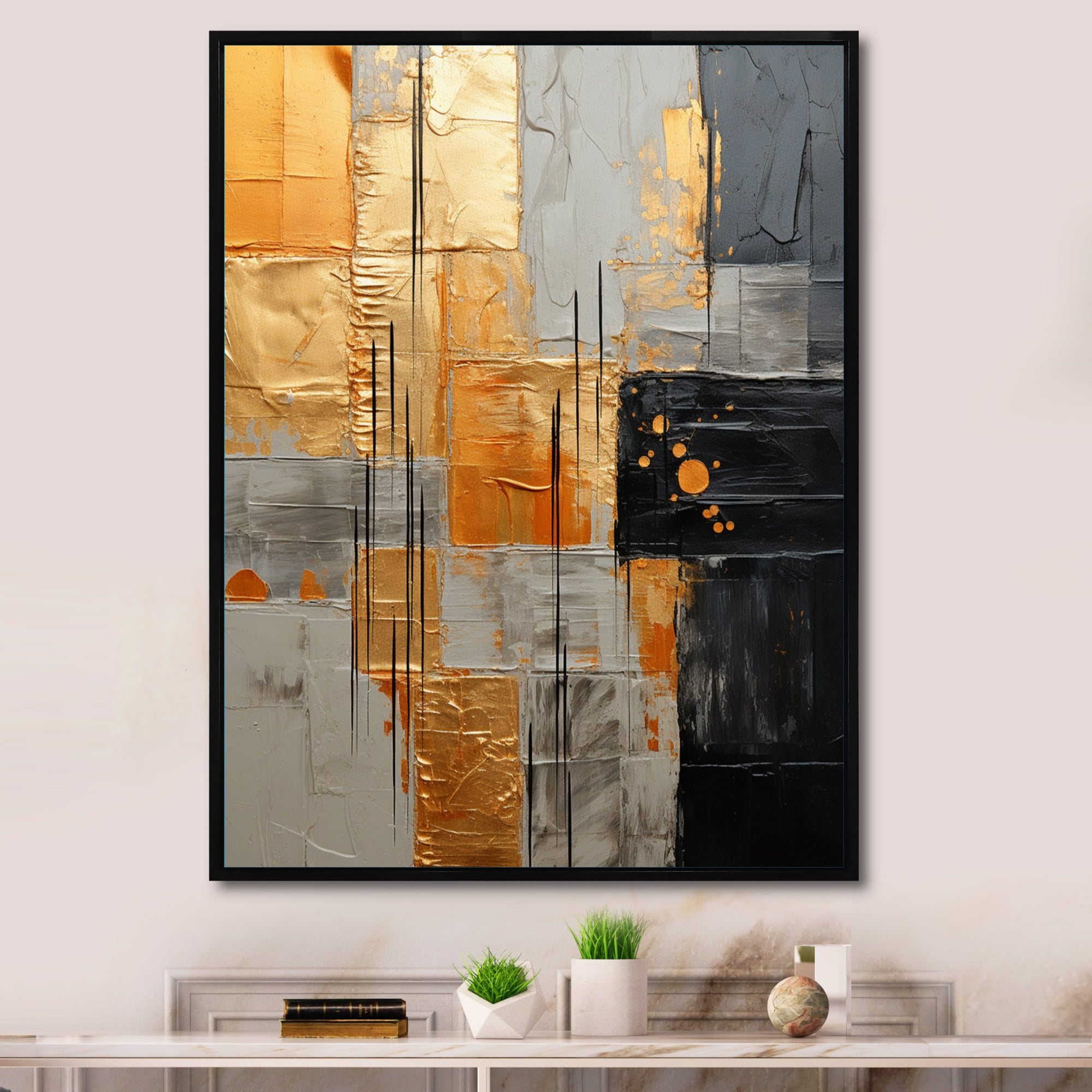 Designart "Gleaming Geometry Gold Grey painting I" Abstract Collages