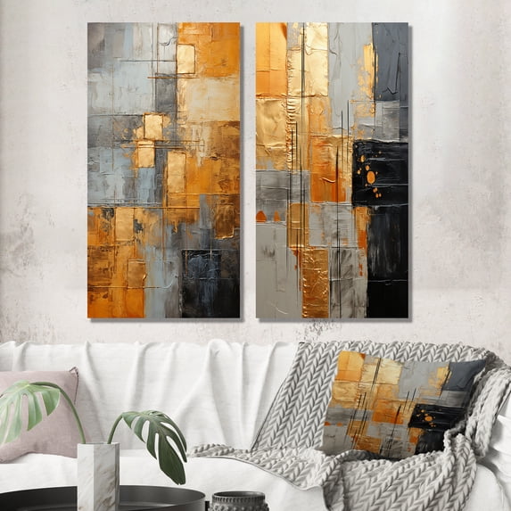 Designart "Gleaming Geometry Gold Grey painting III" Abstract Collages Wall Art Set Of 2 - Gold Abstract Gallery Set For Office Decor